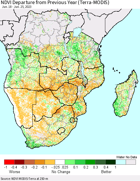 Southern Africa NDVI Departure from Previous Year (Terra-MODIS) Thematic Map For 6/18/2023 - 6/25/2023