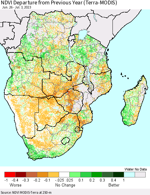 Southern Africa NDVI Departure from Previous Year (Terra-MODIS) Thematic Map For 6/26/2023 - 7/3/2023