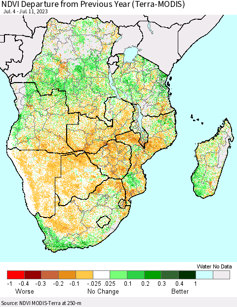 Southern Africa NDVI Departure from Previous Year (Terra-MODIS) Thematic Map For 7/4/2023 - 7/11/2023
