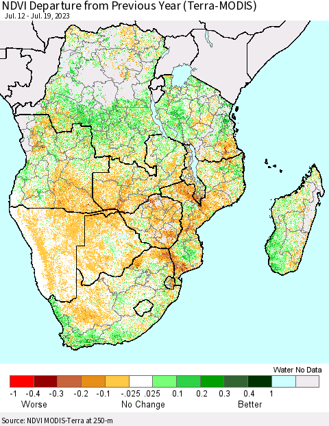 Southern Africa NDVI Departure from Previous Year (Terra-MODIS) Thematic Map For 7/12/2023 - 7/19/2023