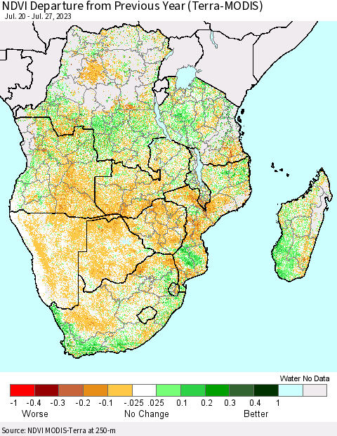 Southern Africa NDVI Departure from Previous Year (Terra-MODIS) Thematic Map For 7/20/2023 - 7/27/2023