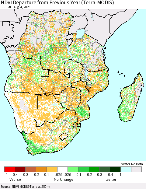 Southern Africa NDVI Departure from Previous Year (Terra-MODIS) Thematic Map For 7/28/2023 - 8/4/2023