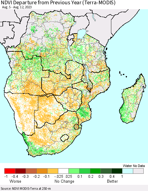 Southern Africa NDVI Departure from Previous Year (Terra-MODIS) Thematic Map For 8/5/2023 - 8/12/2023