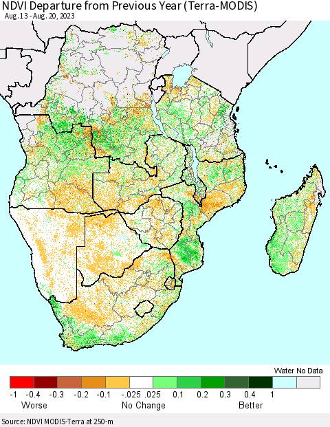 Southern Africa NDVI Departure from Previous Year (Terra-MODIS) Thematic Map For 8/13/2023 - 8/20/2023
