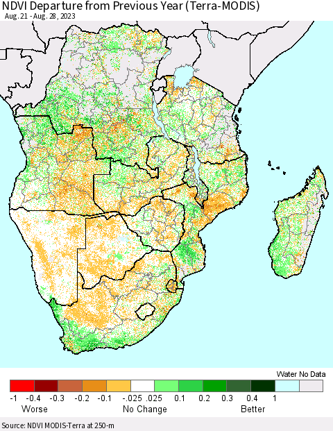 Southern Africa NDVI Departure from Previous Year (Terra-MODIS) Thematic Map For 8/21/2023 - 8/28/2023
