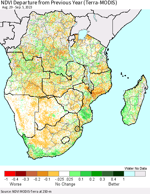 Southern Africa NDVI Departure from Previous Year (Terra-MODIS) Thematic Map For 8/29/2023 - 9/5/2023
