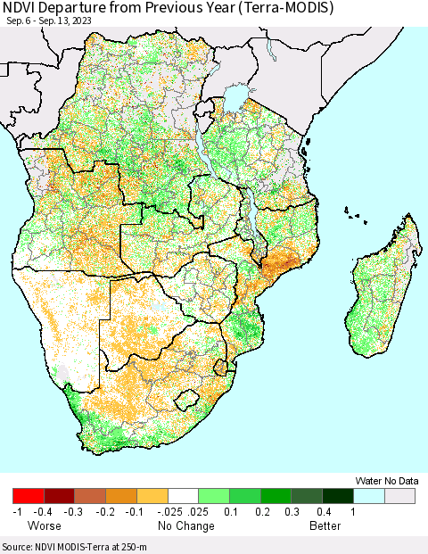 Southern Africa NDVI Departure from Previous Year (Terra-MODIS) Thematic Map For 9/6/2023 - 9/13/2023