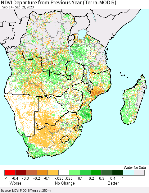 Southern Africa NDVI Departure from Previous Year (Terra-MODIS) Thematic Map For 9/14/2023 - 9/21/2023