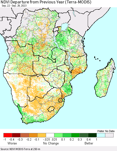 Southern Africa NDVI Departure from Previous Year (Terra-MODIS) Thematic Map For 9/22/2023 - 9/29/2023