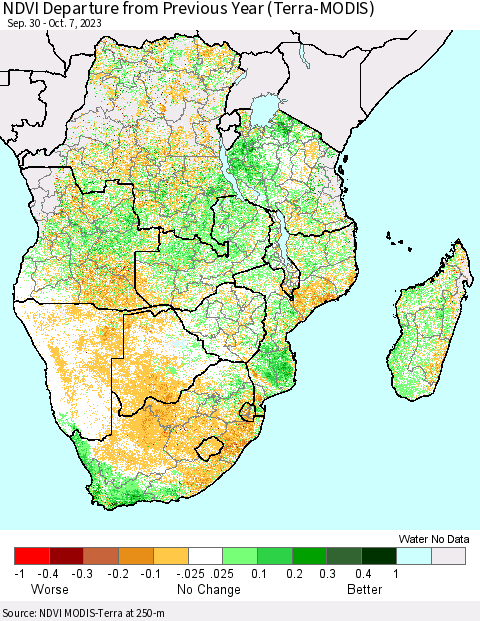 Southern Africa NDVI Departure from Previous Year (Terra-MODIS) Thematic Map For 9/30/2023 - 10/7/2023