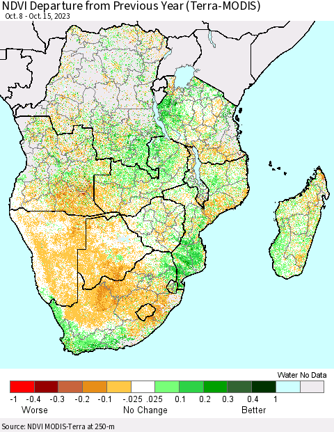 Southern Africa NDVI Departure from Previous Year (Terra-MODIS) Thematic Map For 10/8/2023 - 10/15/2023