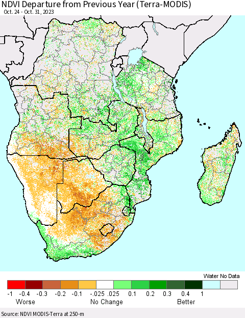 Southern Africa NDVI Departure from Previous Year (Terra-MODIS) Thematic Map For 10/24/2023 - 10/31/2023
