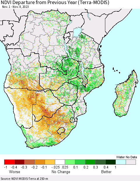 Southern Africa NDVI Departure from Previous Year (Terra-MODIS) Thematic Map For 11/1/2023 - 11/8/2023