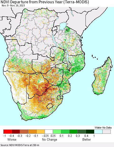 Southern Africa NDVI Departure from Previous Year (Terra-MODIS) Thematic Map For 11/9/2023 - 11/16/2023