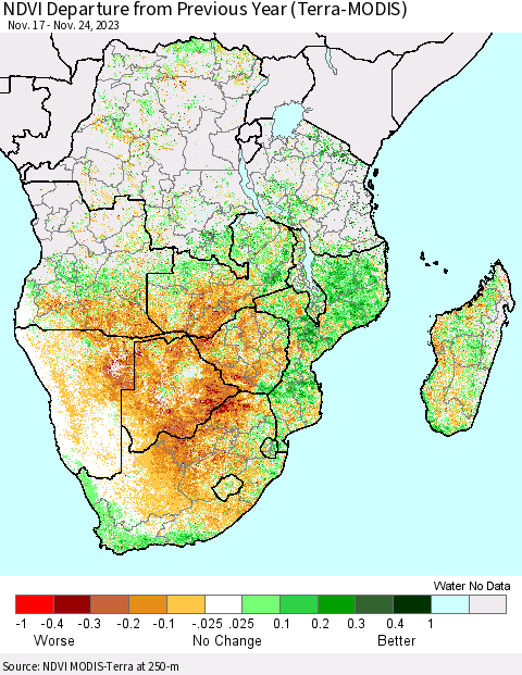 Southern Africa NDVI Departure from Previous Year (Terra-MODIS) Thematic Map For 11/17/2023 - 11/24/2023