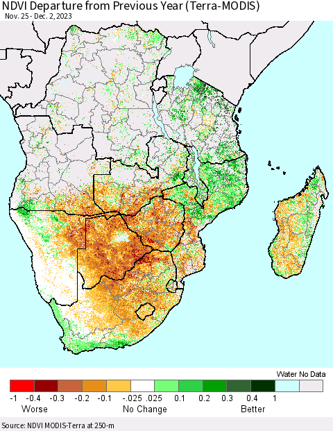 Southern Africa NDVI Departure from Previous Year (Terra-MODIS) Thematic Map For 11/25/2023 - 12/2/2023