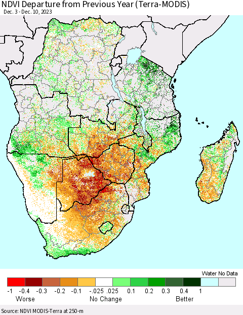 Southern Africa NDVI Departure from Previous Year (Terra-MODIS) Thematic Map For 12/3/2023 - 12/10/2023