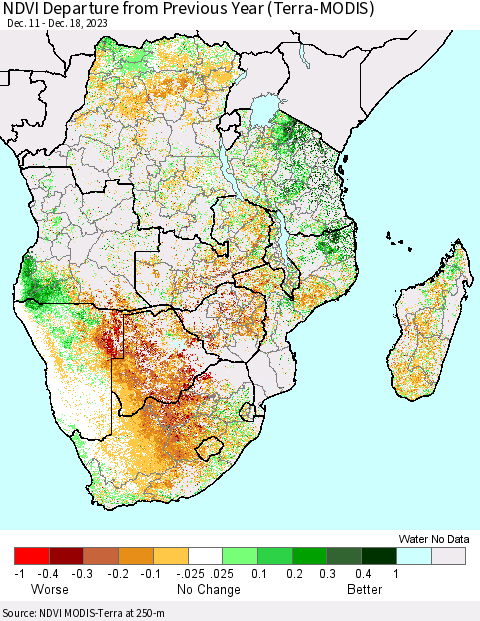 Southern Africa NDVI Departure from Previous Year (Terra-MODIS) Thematic Map For 12/11/2023 - 12/18/2023