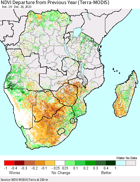 Southern Africa NDVI Departure from Previous Year (Terra-MODIS) Thematic Map For 12/19/2023 - 12/26/2023