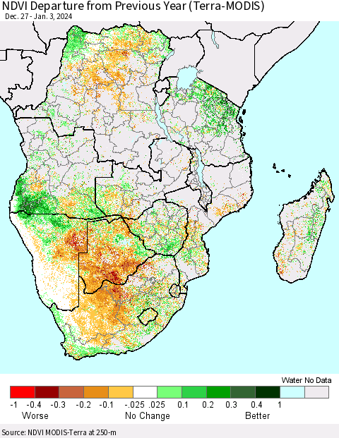 Southern Africa NDVI Departure from Previous Year (Terra-MODIS) Thematic Map For 12/27/2023 - 1/3/2024