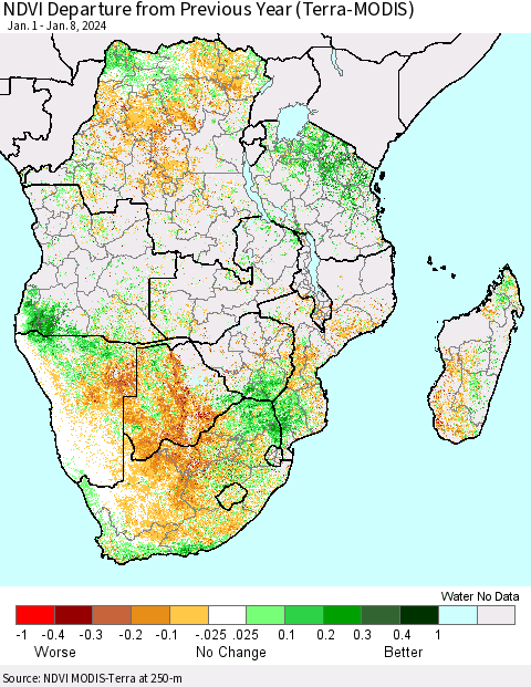 Southern Africa NDVI Departure from Previous Year (Terra-MODIS) Thematic Map For 1/1/2024 - 1/8/2024
