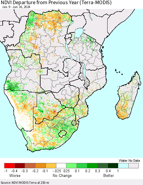 Southern Africa NDVI Departure from Previous Year (Terra-MODIS) Thematic Map For 1/9/2024 - 1/16/2024