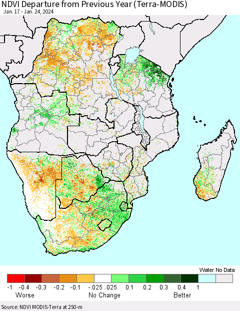 Southern Africa NDVI Departure from Previous Year (Terra-MODIS) Thematic Map For 1/17/2024 - 1/24/2024