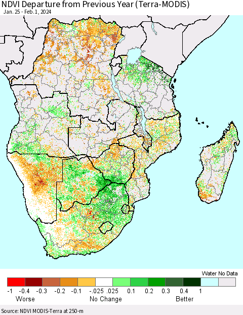 Southern Africa NDVI Departure from Previous Year (Terra-MODIS) Thematic Map For 1/25/2024 - 2/1/2024