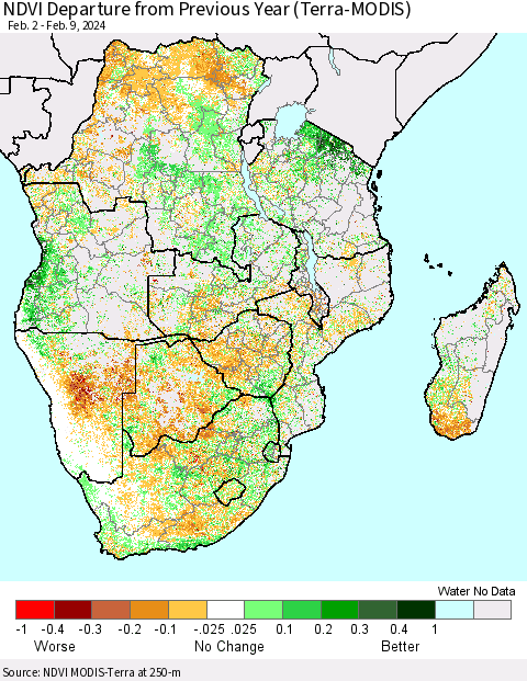 Southern Africa NDVI Departure from Previous Year (Terra-MODIS) Thematic Map For 2/2/2024 - 2/9/2024