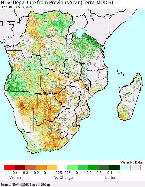Southern Africa NDVI Departure from Previous Year (Terra-MODIS) Thematic Map For 2/10/2024 - 2/17/2024
