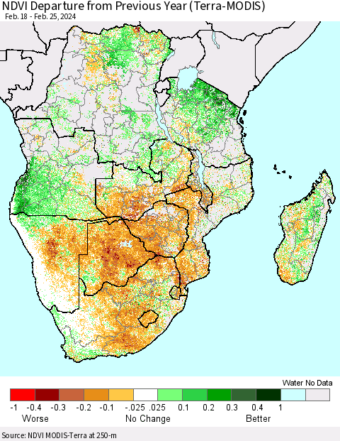 Southern Africa NDVI Departure from Previous Year (Terra-MODIS) Thematic Map For 2/18/2024 - 2/25/2024