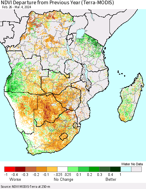 Southern Africa NDVI Departure from Previous Year (Terra-MODIS) Thematic Map For 2/26/2024 - 3/4/2024