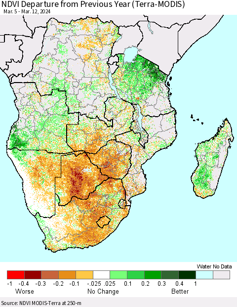 Southern Africa NDVI Departure from Previous Year (Terra-MODIS) Thematic Map For 3/5/2024 - 3/12/2024