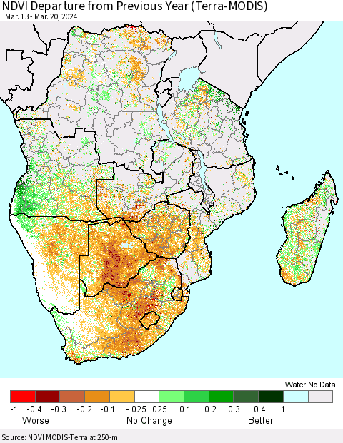 Southern Africa NDVI Departure from Previous Year (Terra-MODIS) Thematic Map For 3/13/2024 - 3/20/2024