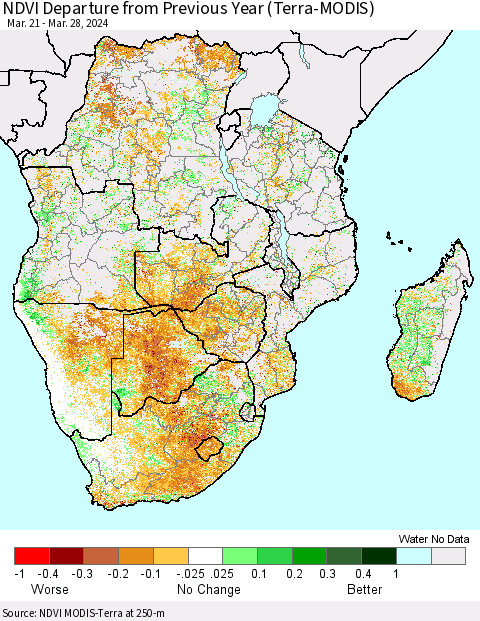 Southern Africa NDVI Departure from Previous Year (Terra-MODIS) Thematic Map For 3/21/2024 - 3/28/2024