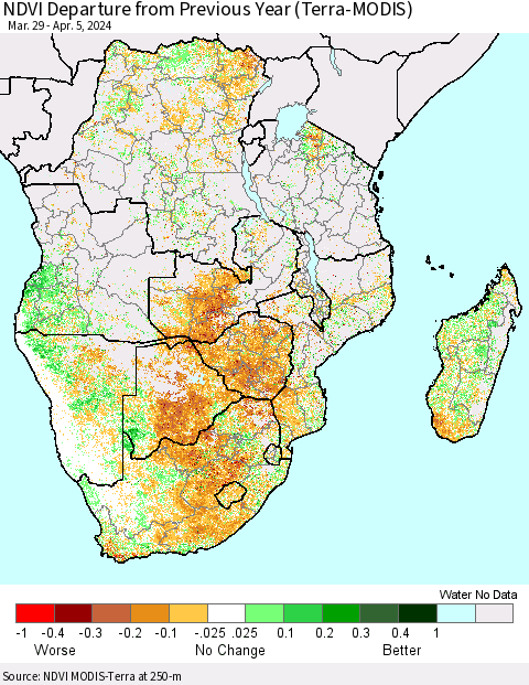 Southern Africa NDVI Departure from Previous Year (Terra-MODIS) Thematic Map For 3/29/2024 - 4/5/2024