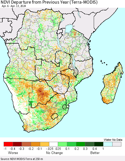 Southern Africa NDVI Departure from Previous Year (Terra-MODIS) Thematic Map For 4/6/2024 - 4/13/2024