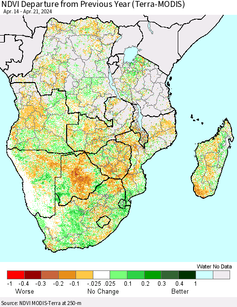 Southern Africa NDVI Departure from Previous Year (Terra-MODIS) Thematic Map For 4/14/2024 - 4/21/2024