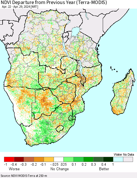 Southern Africa NDVI Departure from Previous Year (Terra-MODIS) Thematic Map For 4/22/2024 - 4/29/2024