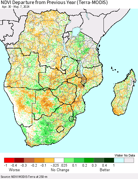Southern Africa NDVI Departure from Previous Year (Terra-MODIS) Thematic Map For 4/30/2024 - 5/7/2024