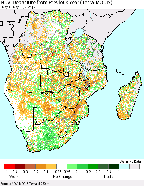 Southern Africa NDVI Departure from Previous Year (Terra-MODIS) Thematic Map For 5/8/2024 - 5/15/2024