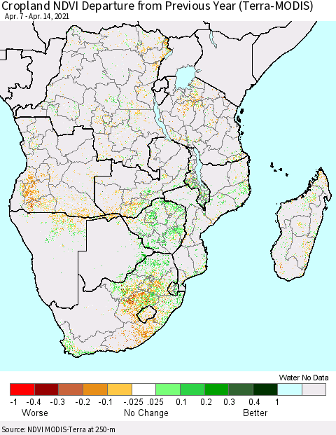 Southern Africa Cropland NDVI Departure from Previous Year (Terra-MODIS) Thematic Map For 4/7/2021 - 4/14/2021