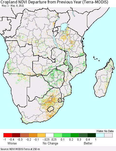 Southern Africa Cropland NDVI Departure from Previous Year (Terra-MODIS) Thematic Map For 5/1/2021 - 5/8/2021