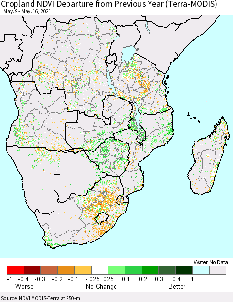 Southern Africa Cropland NDVI Departure from Previous Year (Terra-MODIS) Thematic Map For 5/9/2021 - 5/16/2021