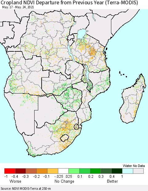 Southern Africa Cropland NDVI Departure from Previous Year (Terra-MODIS) Thematic Map For 5/17/2021 - 5/24/2021