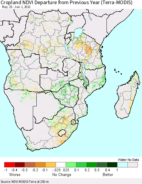 Southern Africa Cropland NDVI Departure from Previous Year (Terra-MODIS) Thematic Map For 5/25/2021 - 6/1/2021