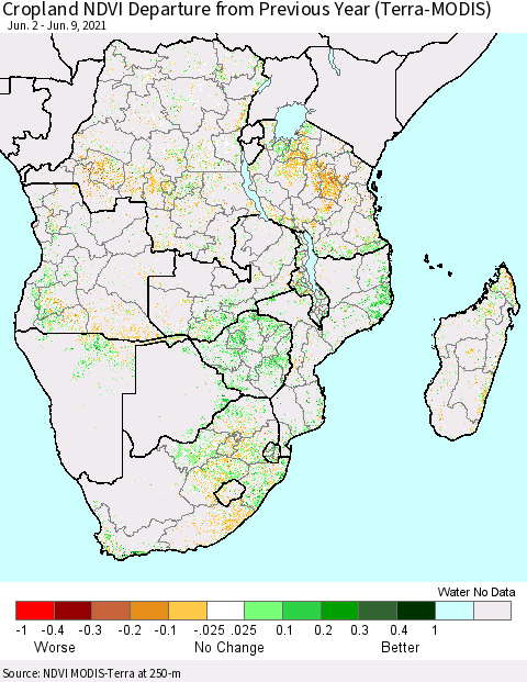 Southern Africa Cropland NDVI Departure from Previous Year (Terra-MODIS) Thematic Map For 6/2/2021 - 6/9/2021