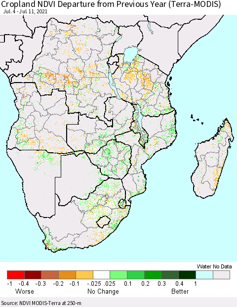 Southern Africa Cropland NDVI Departure from Previous Year (Terra-MODIS) Thematic Map For 7/4/2021 - 7/11/2021