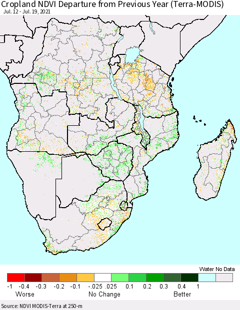 Southern Africa Cropland NDVI Departure from Previous Year (Terra-MODIS) Thematic Map For 7/12/2021 - 7/19/2021