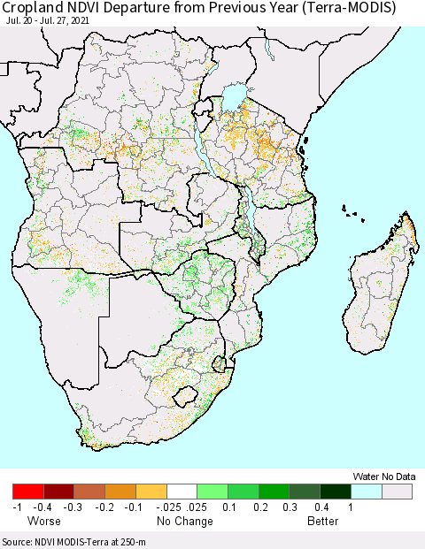 Southern Africa Cropland NDVI Departure from Previous Year (Terra-MODIS) Thematic Map For 7/20/2021 - 7/27/2021